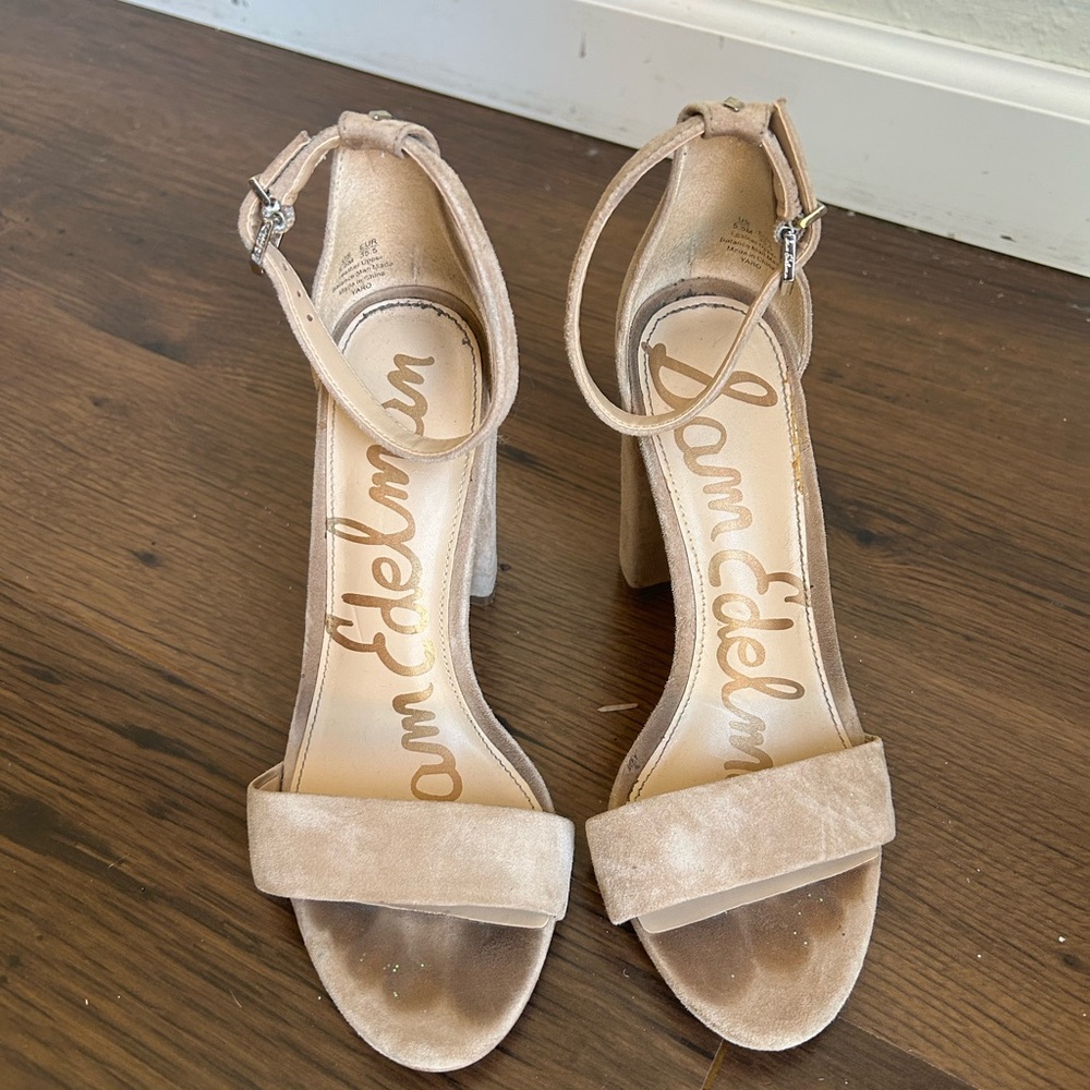 Sam Edelman Yaro Nude Suede Open-Toe Block Heels with Ankle Strap - Picture 3 of 5